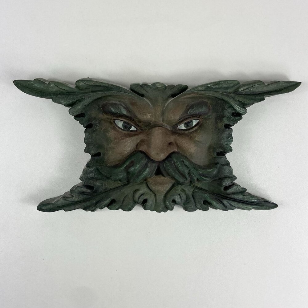 Vtg Heavy 11.5” x 5.5” Leaf Man Face Plaque Plaster or Concrete ? Wall Hanging
